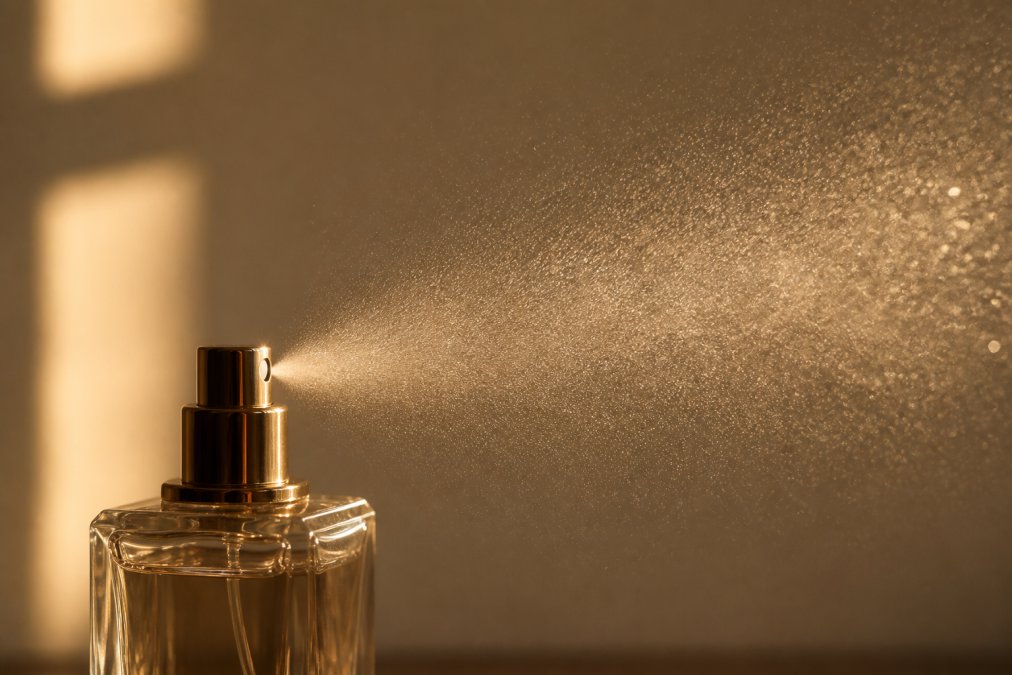 Close-up of a perfume bottle with a fine misting spray, showing fragrance atomizing in golden afternoon light against a soft neutral background