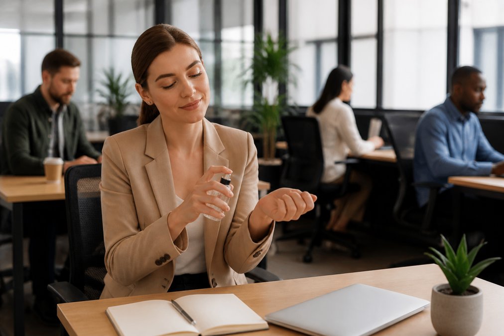 Professional woman at her desk in modern office applying fragrance to her wrist, with colleagues visible in background working at their desks
