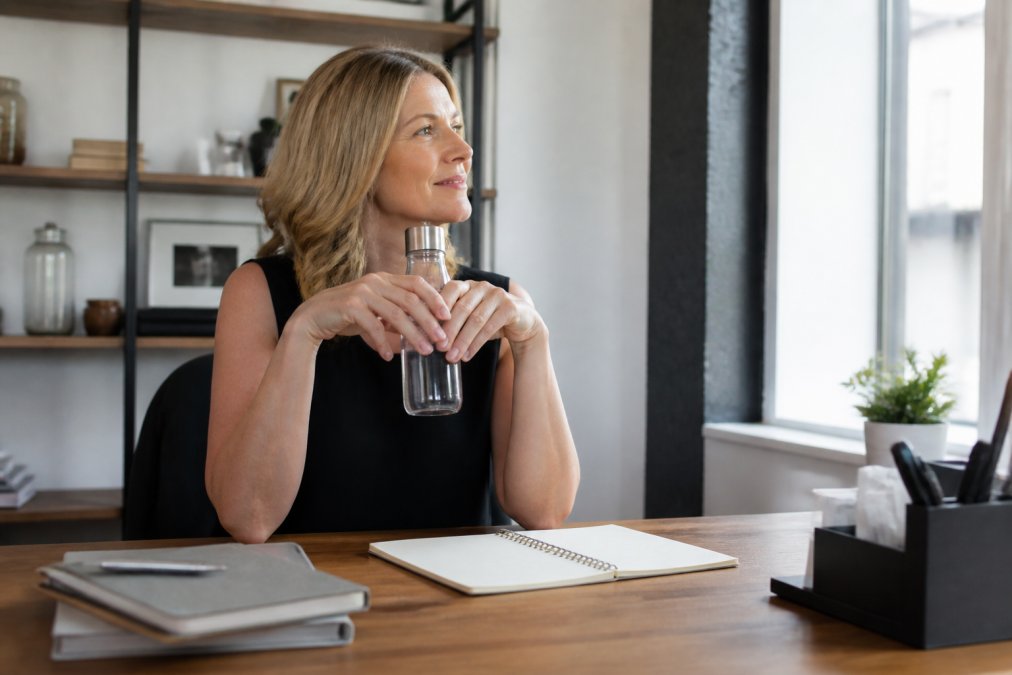 Professional woman at her desk taking a break, looking calm and composed with a water bottle and notepad visible, natural office lighting