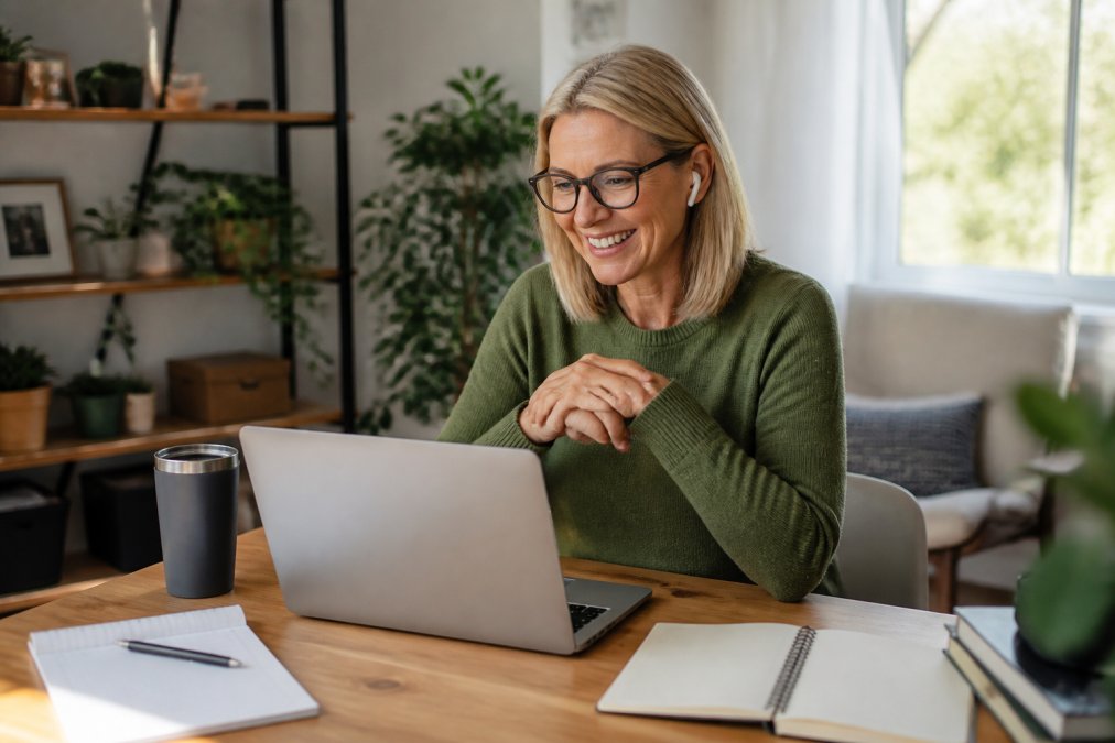 Woman in a video call on her laptop, smiling and engaged, in a comfortable home office setting with plants and natural light