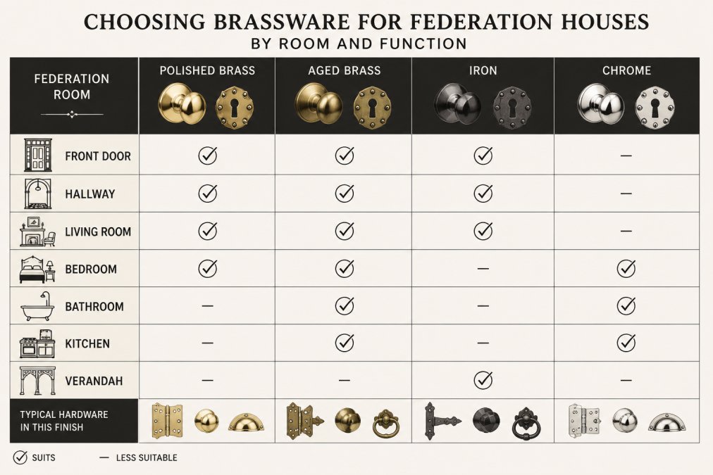 Matrix mapping Federation rooms (front door, hallway, living room, bedroom, bathroom, kitchen, verandah) against hardware types and finishes (polished brass, aged brass, iron, chrome), showing which combinations suit each space