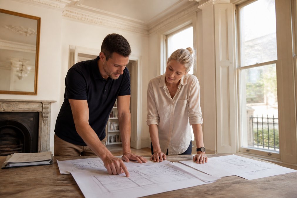 A builder and homeowner reviewing architectural plans spread across a timber table inside a period home, original ornate cornices and tall sash windows visible in the background, soft afternoon light through the glass