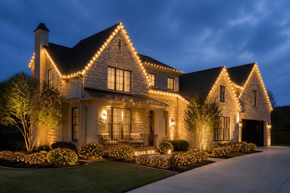 Residential home at dusk with professionally installed warm white permanent holiday lights outlining the roofline, windows, and landscaping, creating an elegant and well-lit evening appearance
