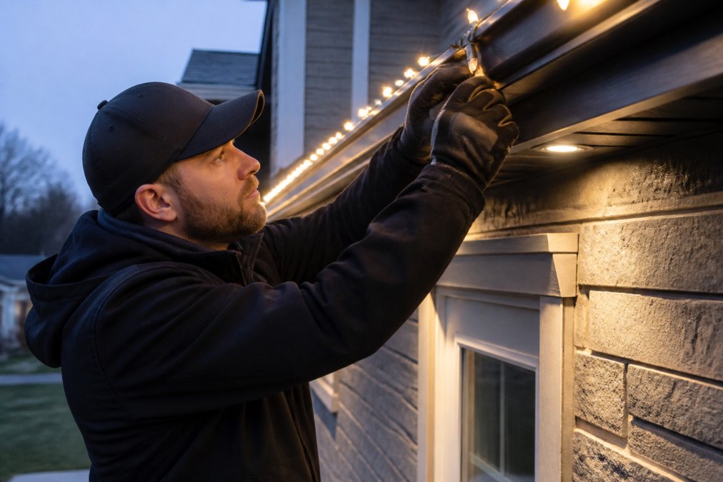 Technician in safety gear inspecting and maintaining outdoor lighting fixtures on a home's exterior, checking connections and bulbs