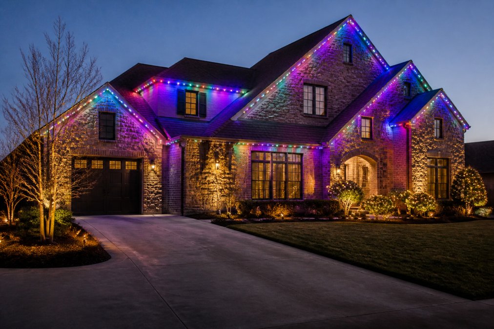 A residential home at dusk with permanent LED holiday lighting installed along the roofline and architectural features, displaying multicolored RGBW lights creating a festive outdoor display with warm white accent lighting on the landscaping