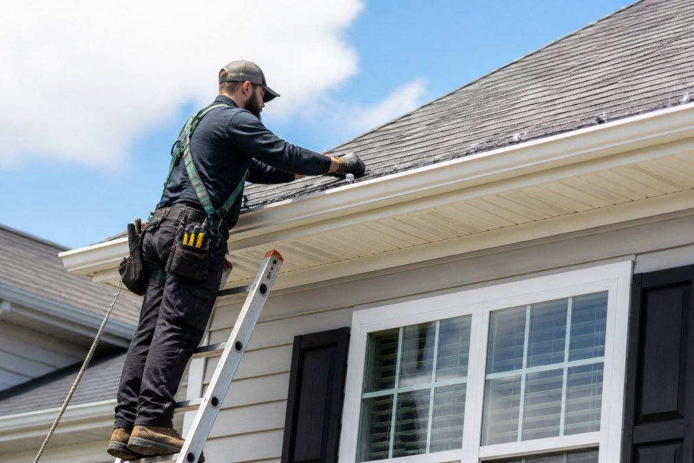 A professional installer on a ladder securely mounting permanent lighting fixtures to a residential roof edge, demonstrating proper installation technique with safety harness and secure footing, showing the precise spacing of LED nodes along the roofline
