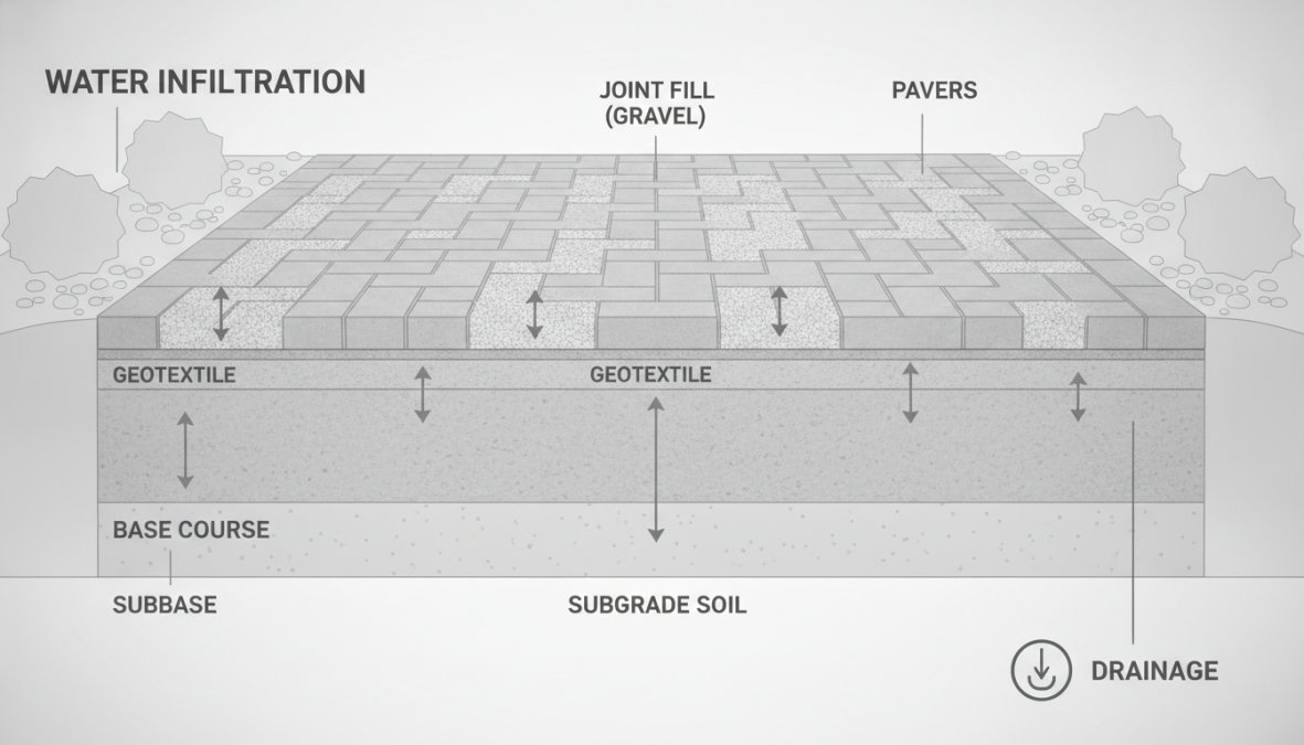 Close-up of installed permeable interlocking concrete pavers on a residential driveway showing the joints and water infiltration, with landscaping visible on the sides