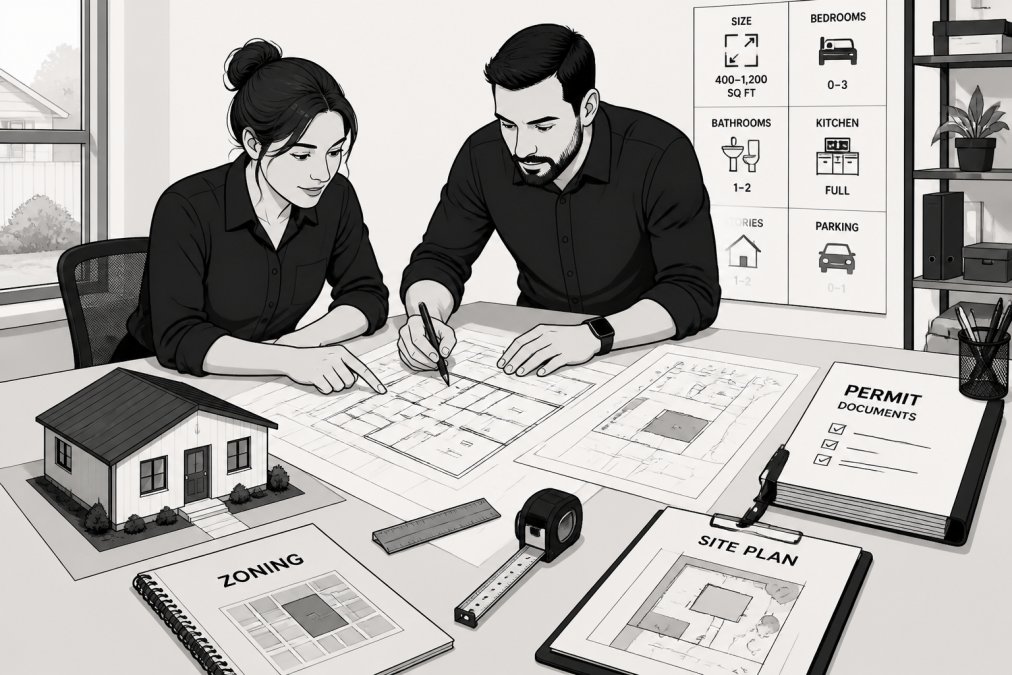 Homeowner and contractor reviewing architectural drawings and site plans on a table with a model house, measuring tools, and zoning documents in natural office lighting