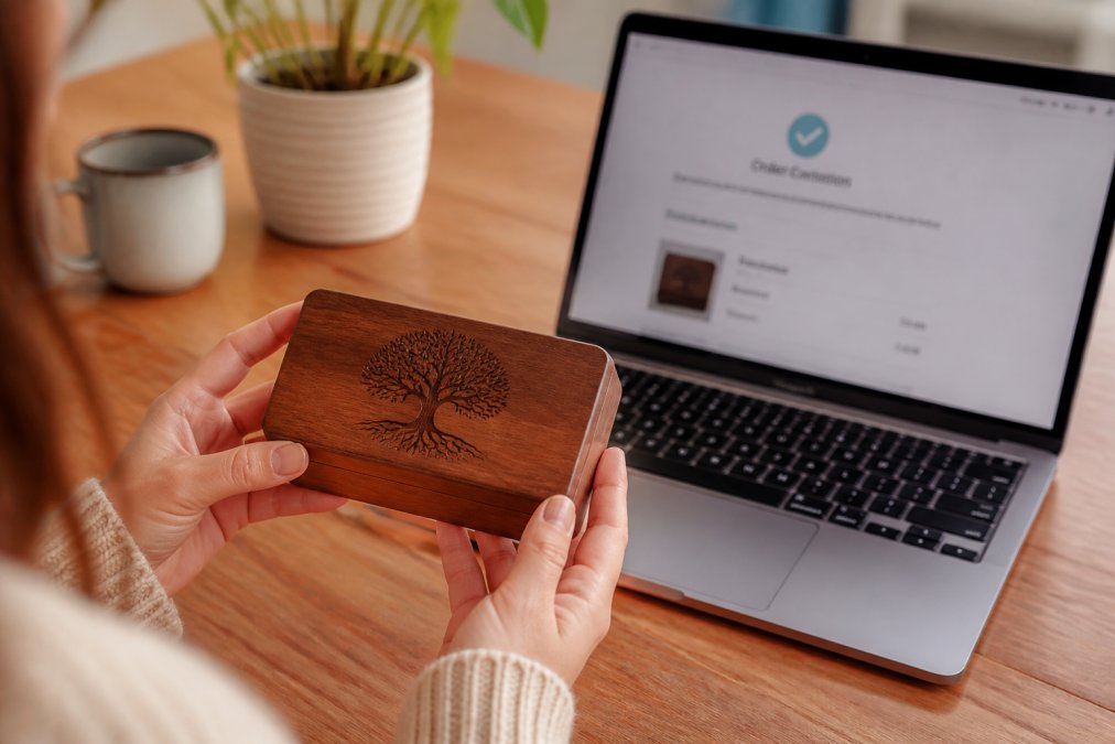 Close-up of hands holding a personalized engraved keepsake next to a laptop showing an order confirmation screen on a wooden table