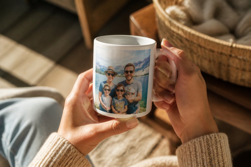Hands holding a personalized Shutterfly photo mug displaying a family vacation photo, warm natural light highlighting the print quality and ceramic finish