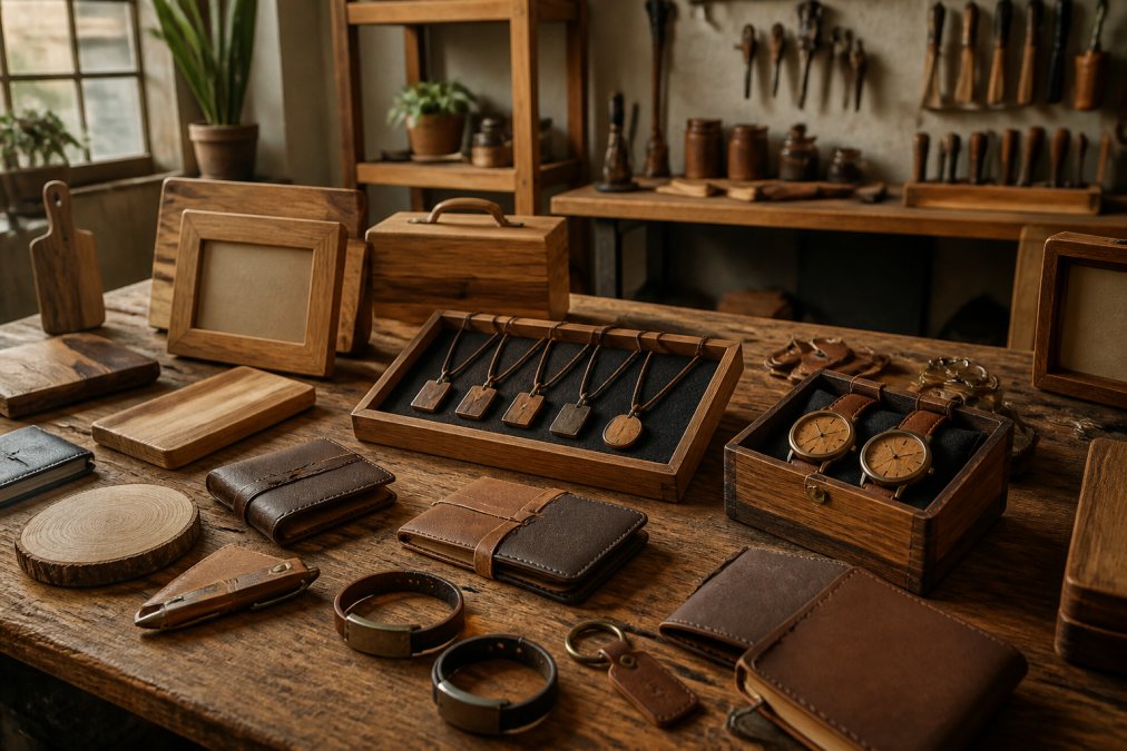 Artisan's wooden workbench displaying handcrafted personalized items including engraved jewelry, custom leather goods, and monogrammed accessories, with warm workshop lighting and natural wood textures