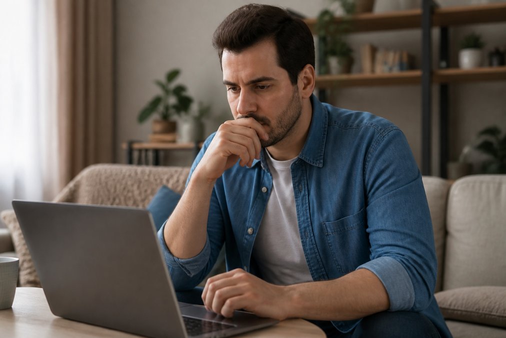 Person at home on laptop reviewing privacy settings and personal data exposure notifications on screen