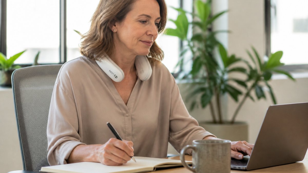 Woman wearing a portable neck fan around her neck while working at a desk, looking calm and focused during daytime, natural office lighting