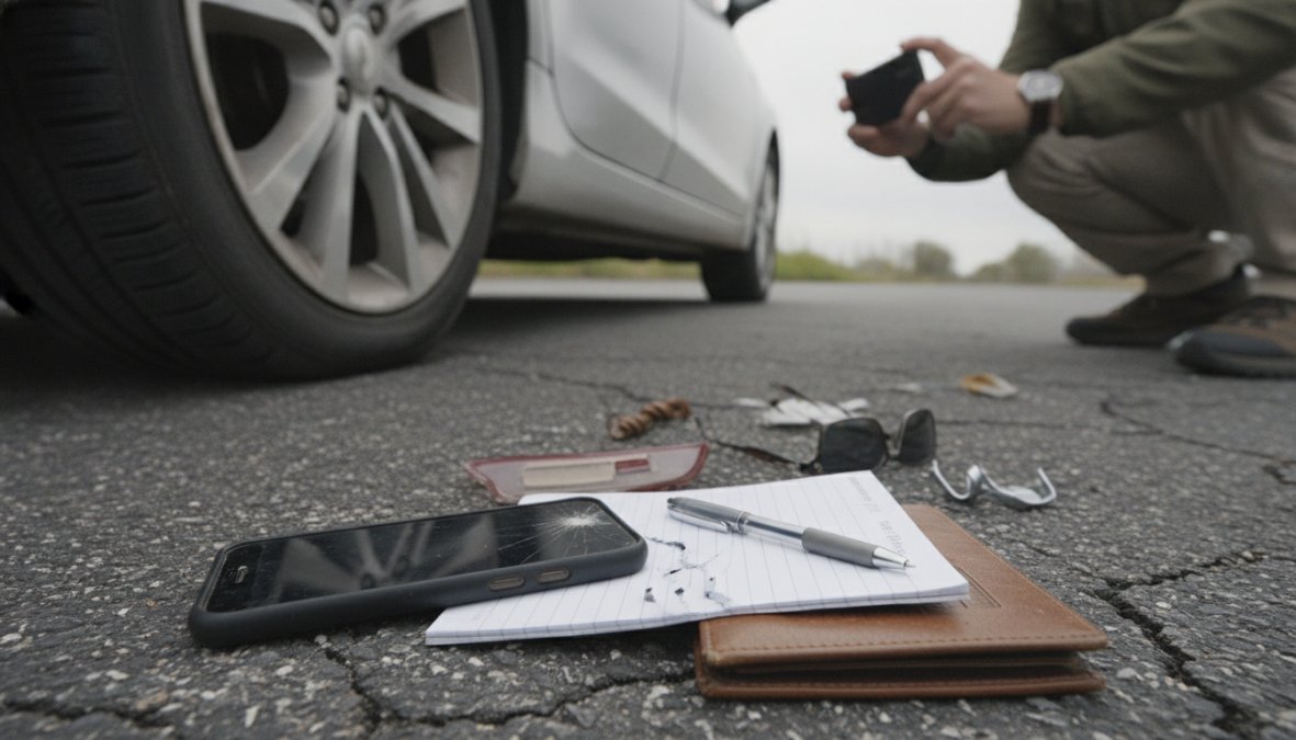 Person at car accident scene photographing vehicle damage with smartphone, police officer and damaged vehicles visible in background, overcast daylight