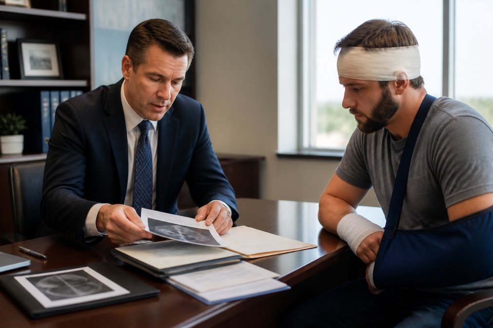 Professional attorney in business suit meeting with injured client in modern law office conference room, reviewing medical documents and case files across wooden desk with natural window lighting