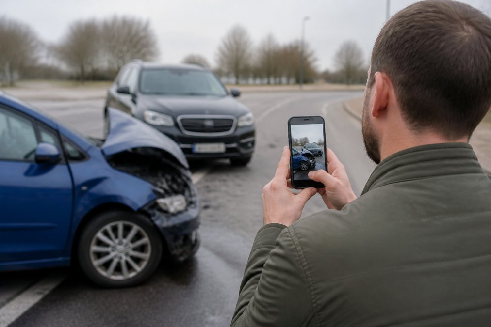 Person at accident scene using smartphone to photograph vehicle damage, with damaged vehicles and street visible in background, overcast daylight