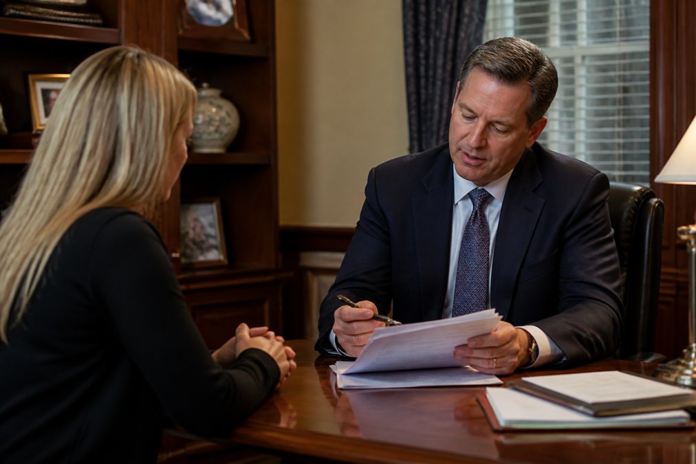 A professional attorney in a dark suit sitting across a polished wooden desk from a client in a modern Nashville law office, reviewing documents together under warm overhead lighting with a reassuring, focused expression