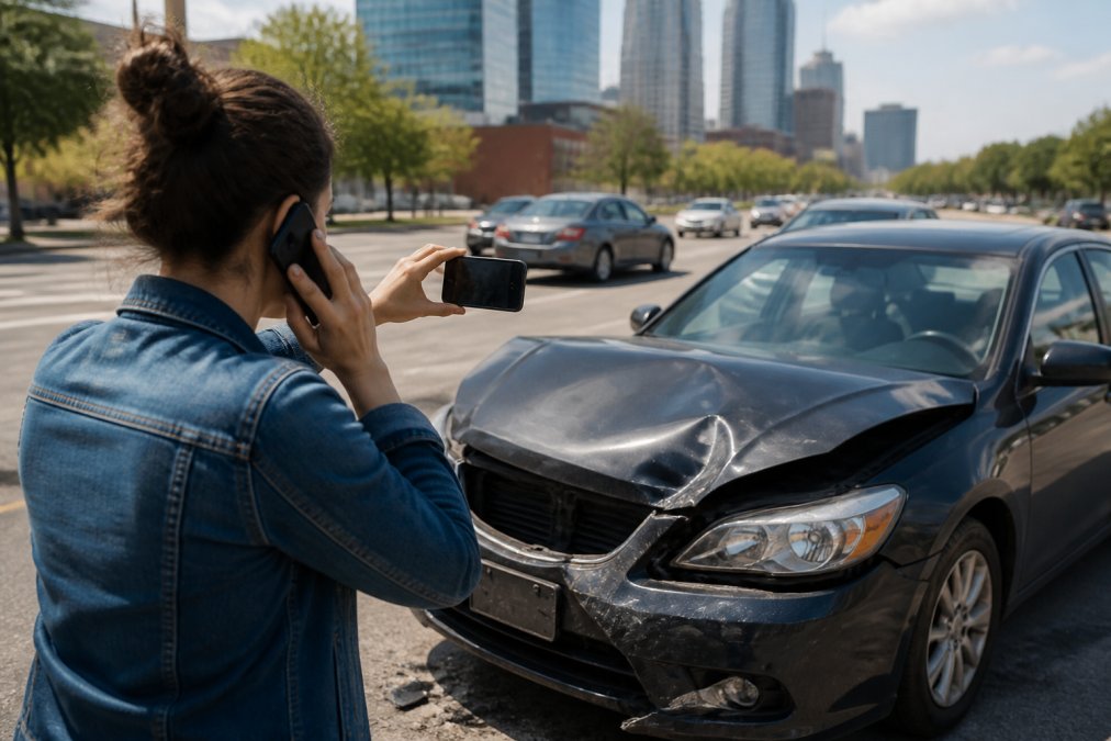A person standing next to a visibly damaged car on a Nashville street, speaking on a cell phone while using their other hand to photograph the accident scene on a clear afternoon with soft sunlight