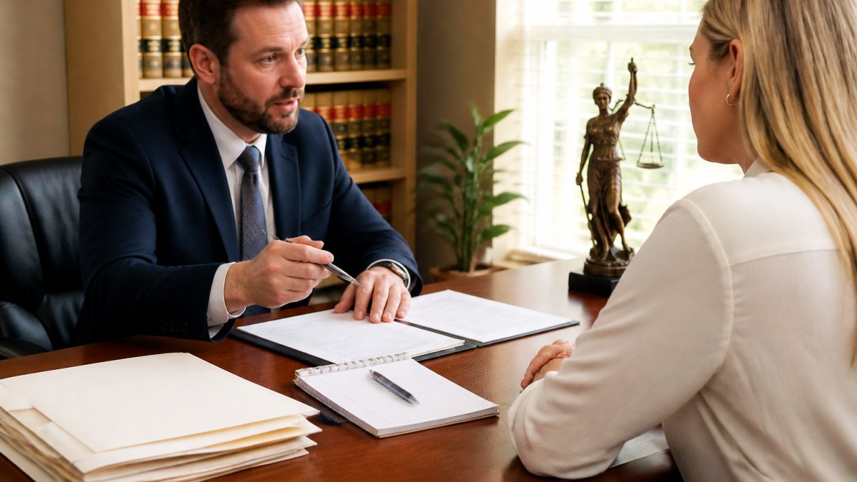 An attorney and a client sitting across from each other at a wooden desk in a bright office, reviewing documents and notes, with a handshake visible at the edge of the frame