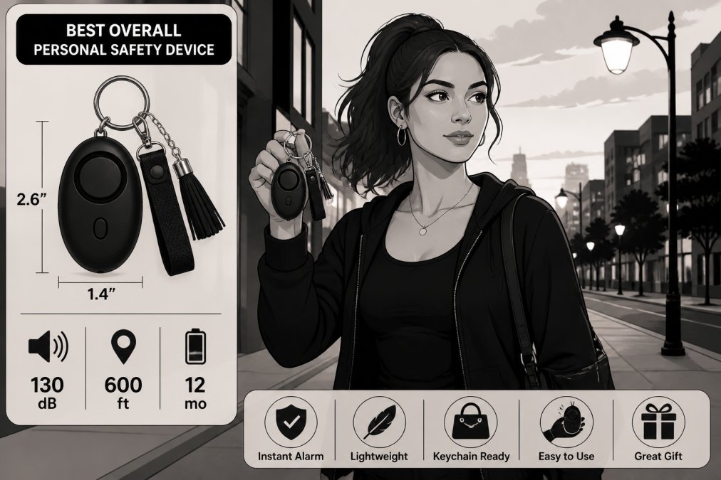 Young woman holding a personal safety alarm keychain in her hand while walking alone on an urban street at dusk, with focused expression showing confidence and awareness