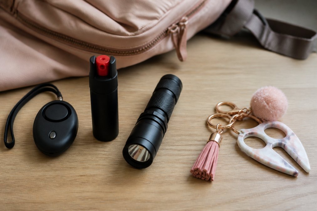 A flat lay of various student safety items on a desk: a compact personal alarm, a small pepper spray canister, a tactical flashlight, and a stylish keychain set arranged neatly on a wooden surface with a backpack in the background