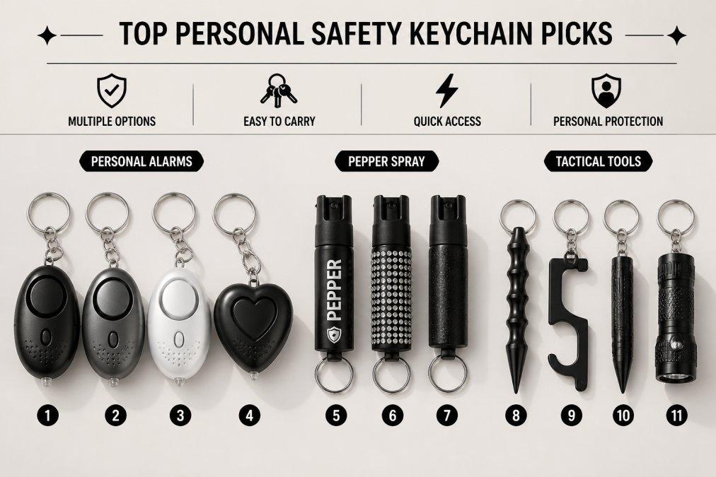 Close-up of various keychain safety tools arranged on a table, showing different styles and designs including personal alarms in multiple colors, pepper spray canisters, and tactical items displayed in natural daylight