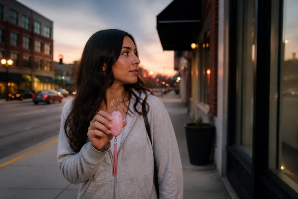 Woman holding a personal alarm keychain in her hand while walking in an urban environment at dusk, demonstrating everyday carry accessibility and practical use