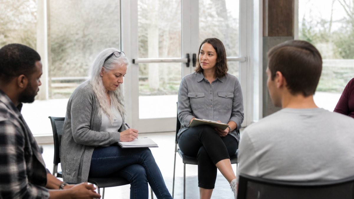 A small group of adults seated in a circle in a bright community room, one person writing in a workbook while a facilitator listens, natural window light