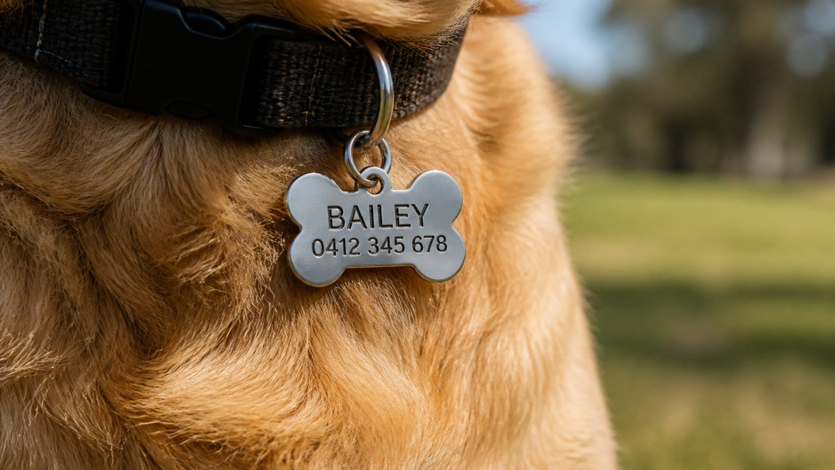 Close-up of a dog wearing a personalised bone-shaped stainless steel ID tag on its collar, showing the deep engraved text clearly visible and shining in natural daylight