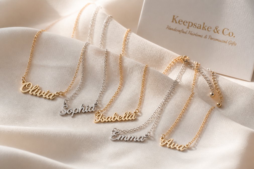 Close-up of personalized name necklaces in stainless steel and gold finishes displayed on soft cream fabric, showing engraved details and adjustable cable chains in natural window lighting