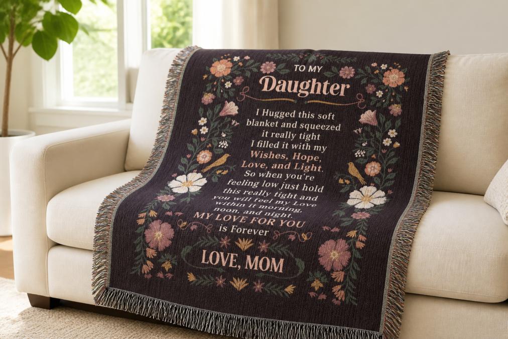Close-up of a custom photo blanket draped over a cream-colored couch, showing vivid photo details with rich color saturation and sharp image clarity under soft natural morning light from a window