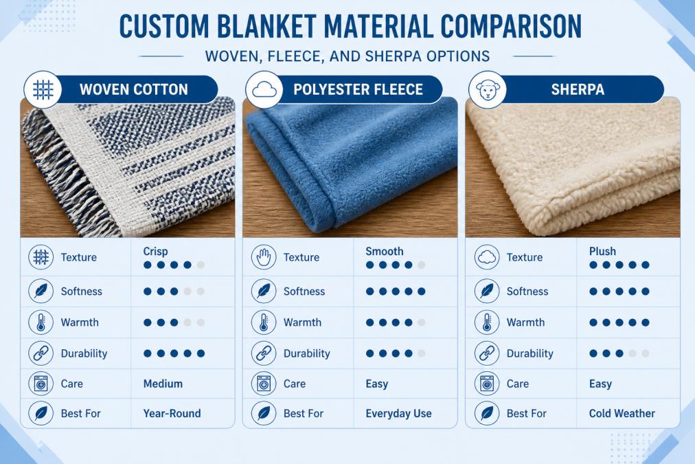 Flat lay of three blanket fabric swatches arranged side by side on a wooden table showing distinct texture differences: crisp woven cotton with visible weave pattern, soft polyester fleece with smooth surface, and plush sherpa with deep pile texture, photographed with warm natural light