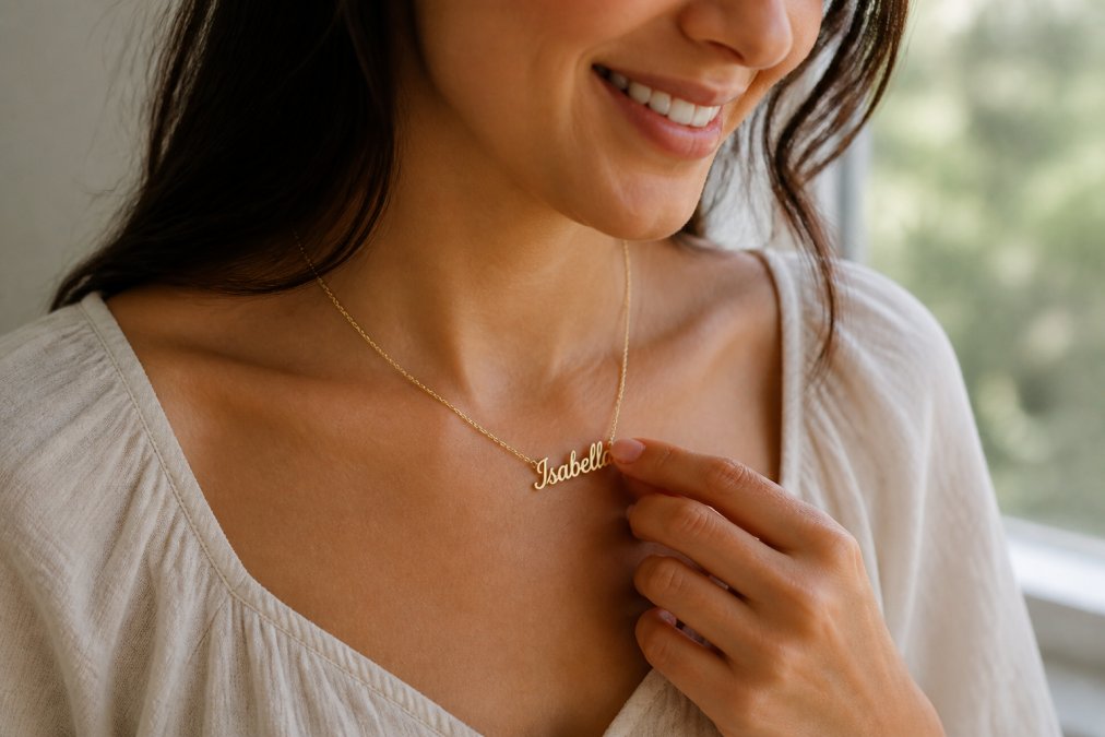 Woman wearing a delicate personalized name necklace, smiling and gently touching the pendant against her collarbone, natural daylight illuminating the custom engraving detail