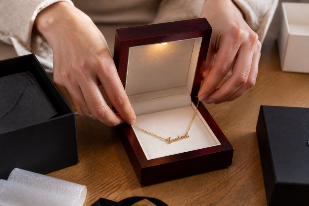 Hands carefully placing a finished custom name necklace into a luxury mahogany gift box with soft LED lighting, showing the meticulous packaging and presentation care
