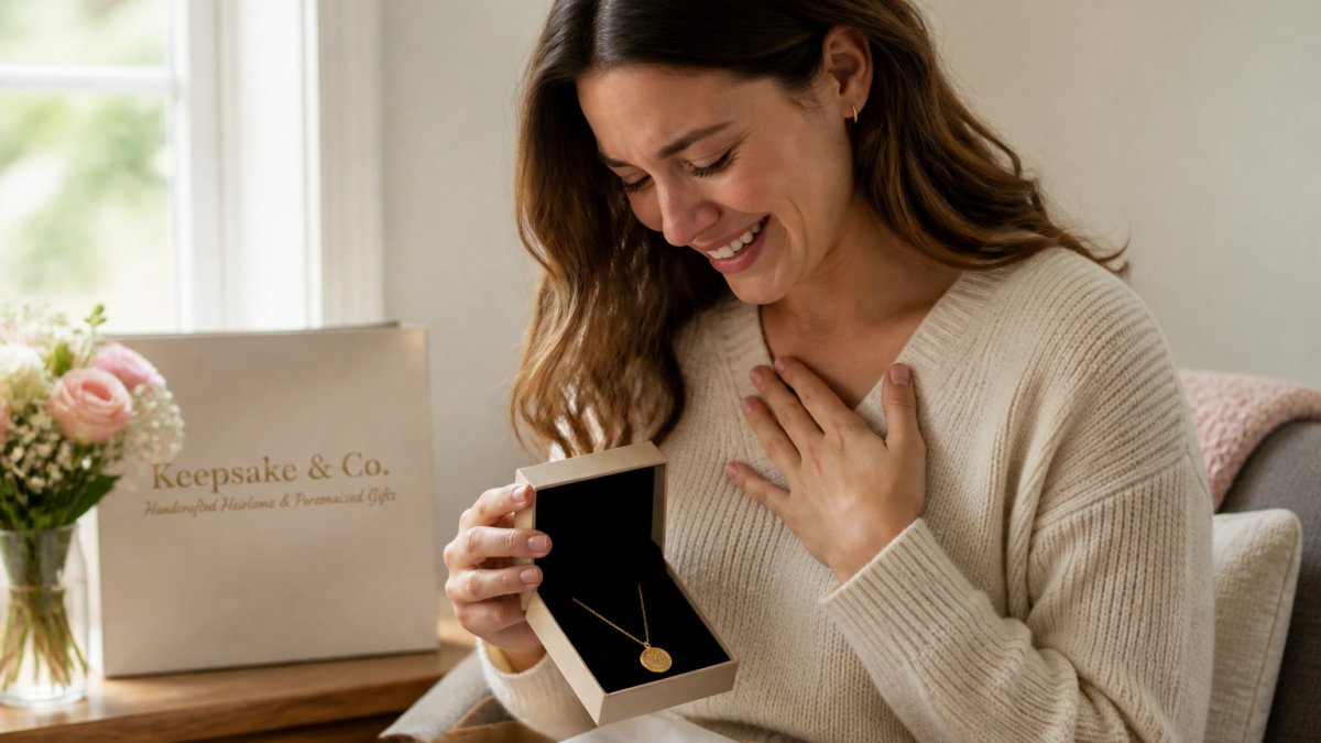 Woman opening a gift box revealing an elegant engraved necklace, smiling with emotion as she holds the jewelry close to her heart, warm natural lighting from a window
