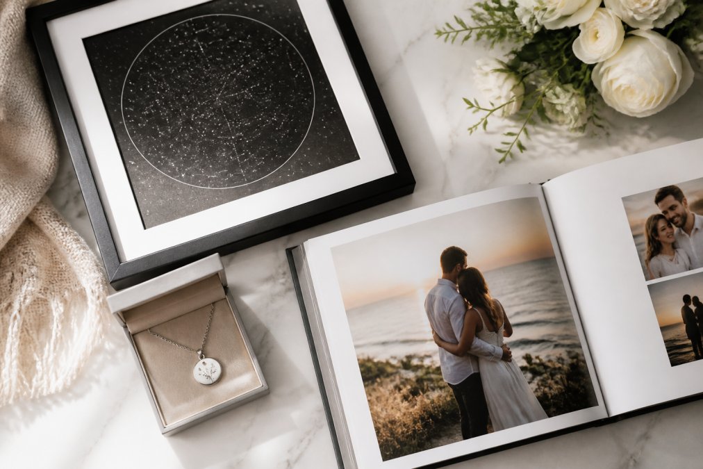 A beautifully arranged flat lay of personalized anniversary gift items including an engraved silver necklace, a framed star map print, and a custom photo book on a white marble surface with soft natural lighting