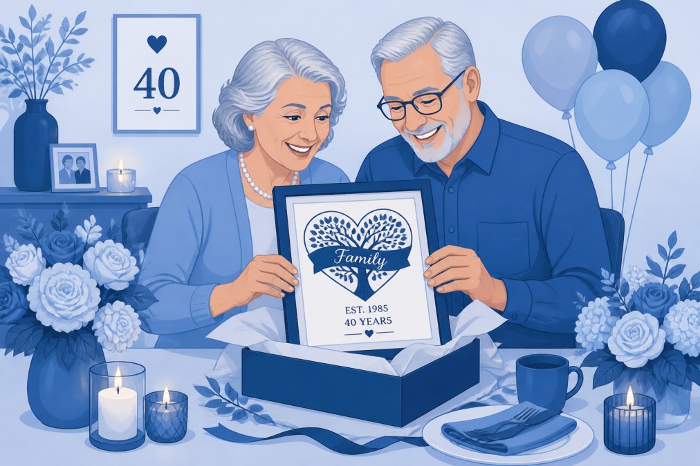 An older couple smiling warmly while unwrapping a framed personalized keepsake together at a dining table decorated with fresh flowers and lit candles for a celebration, warm ambient lighting