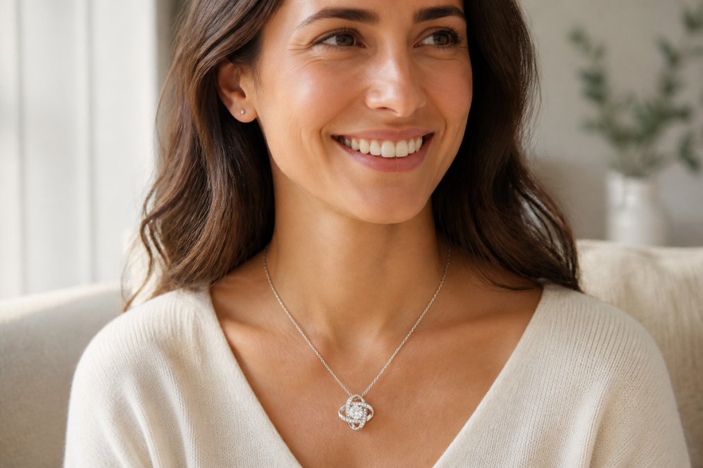 Woman wearing an engraved love knot necklace with cubic zirconia crystals, smiling warmly in soft natural lighting that highlights the pendant's sparkle