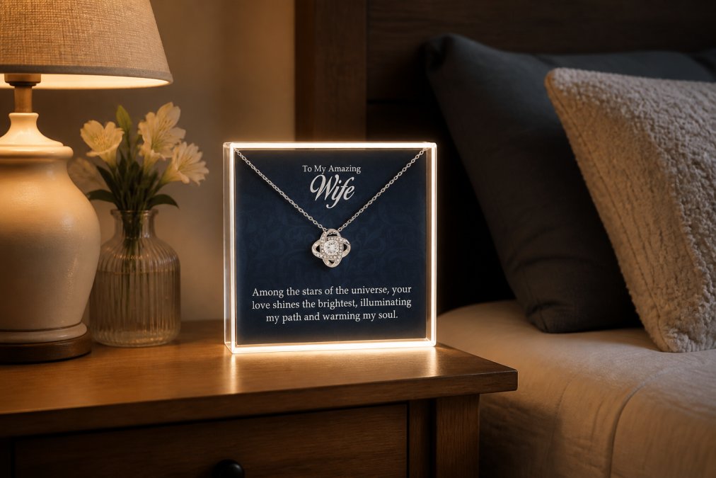 Illuminated acrylic plaque with personalized message displayed on a wooden nightstand in a cozy bedroom, creating warm ambient lighting