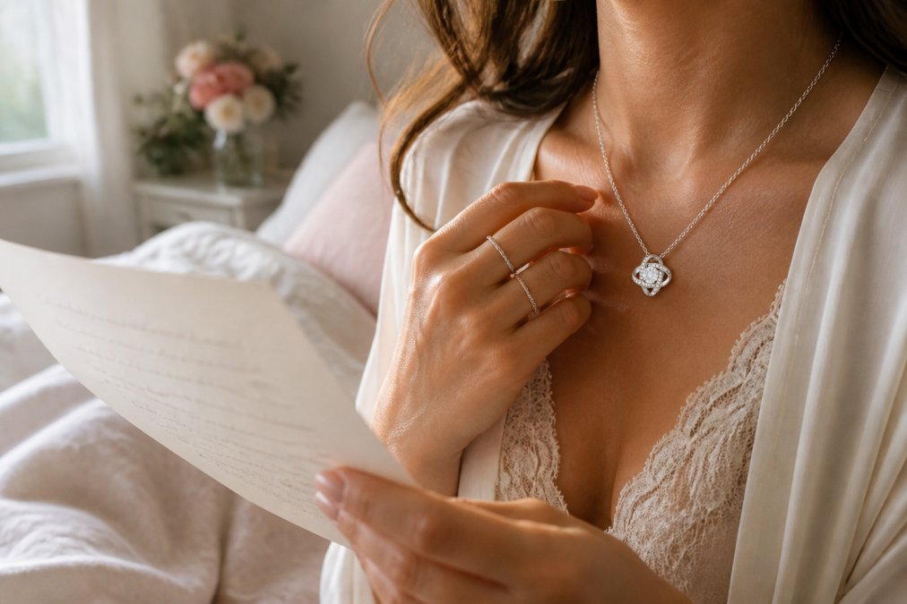 Close-up of a woman's hand wearing an elegant love knot necklace with cubic zirconia crystals, sunlight catching the stone as she holds a handwritten letter, intimate bedroom setting with soft natural light