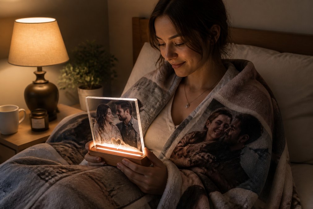 A person sitting on a bed wrapped in a personalized heirloom blanket, holding a glowing acrylic plaque with a couple's photo and anniversary date, warm lamplight creating an intimate atmosphere, late evening or night setting