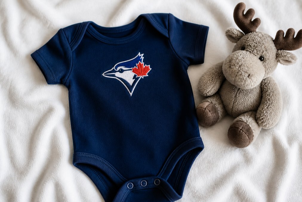 Soft cotton baby team gear onesie with an embroidered logo laid on a white blanket next to a plush toy
