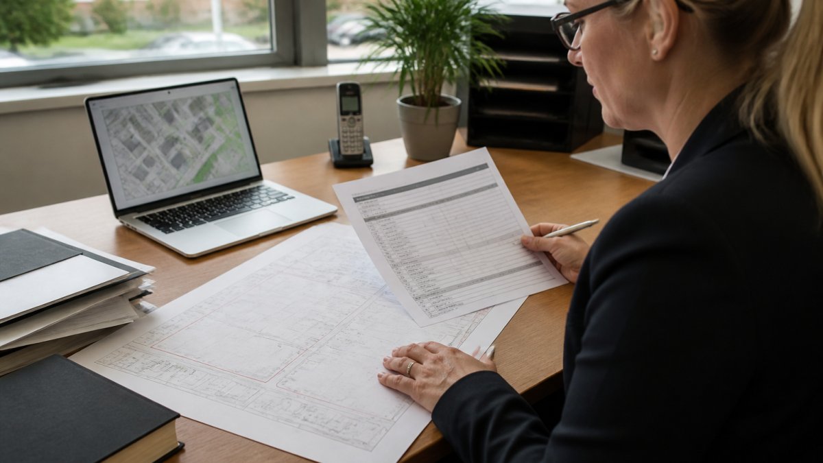 A solicitor at a desk reviewing a large paper title plan and local authority search results, with a laptop open showing a property map, in a bright office in the UK