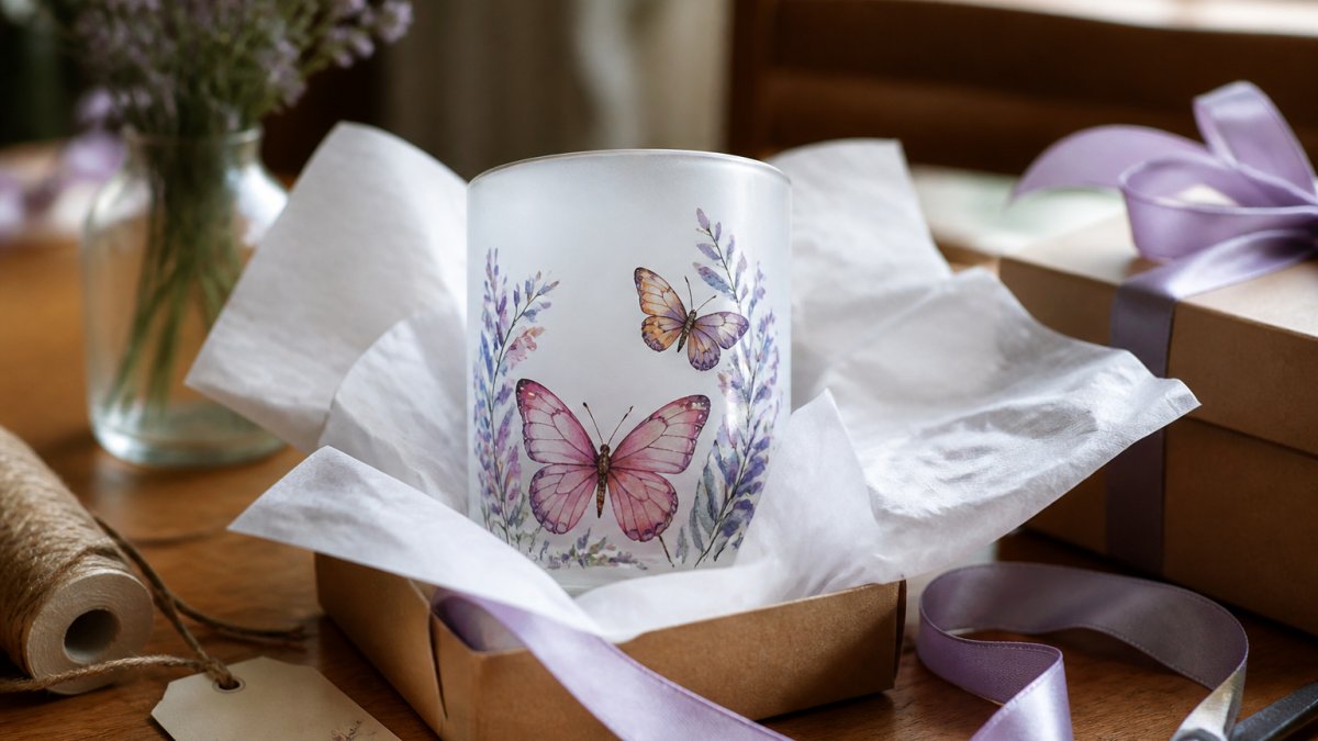 A cozy gift-wrapping scene on a wooden table with a handcrafted frosted glass tumbler featuring a watercolor butterfly design, surrounded by tissue paper, ribbon, and a handwritten gift tag, soft window light