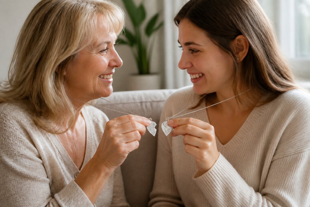 A mother and adult daughter smiling as they each hold one half of a matching heart-shaped pendant necklace, the engraved details visible in soft natural light