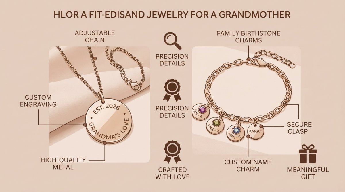 Close-up of an elegant engraved sterling silver necklace and charm bracelet displayed on soft cream fabric, showing detailed personalized engravings of names and dates with natural window lighting