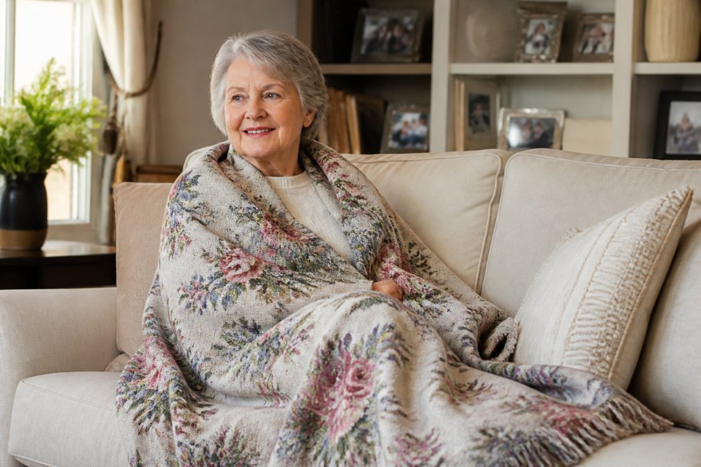 A grandmother smiling while wrapped in a cozy floral blanket, one of the best personalized gifts for grandmother 2026.