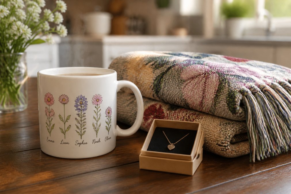A close-up of a white ceramic mug with colorful birth flowers and children's names printed on it, resting on a wooden kitchen table next to a folded floral woven blanket and a small gift box, with soft morning light and a coffee cup steaming in the background