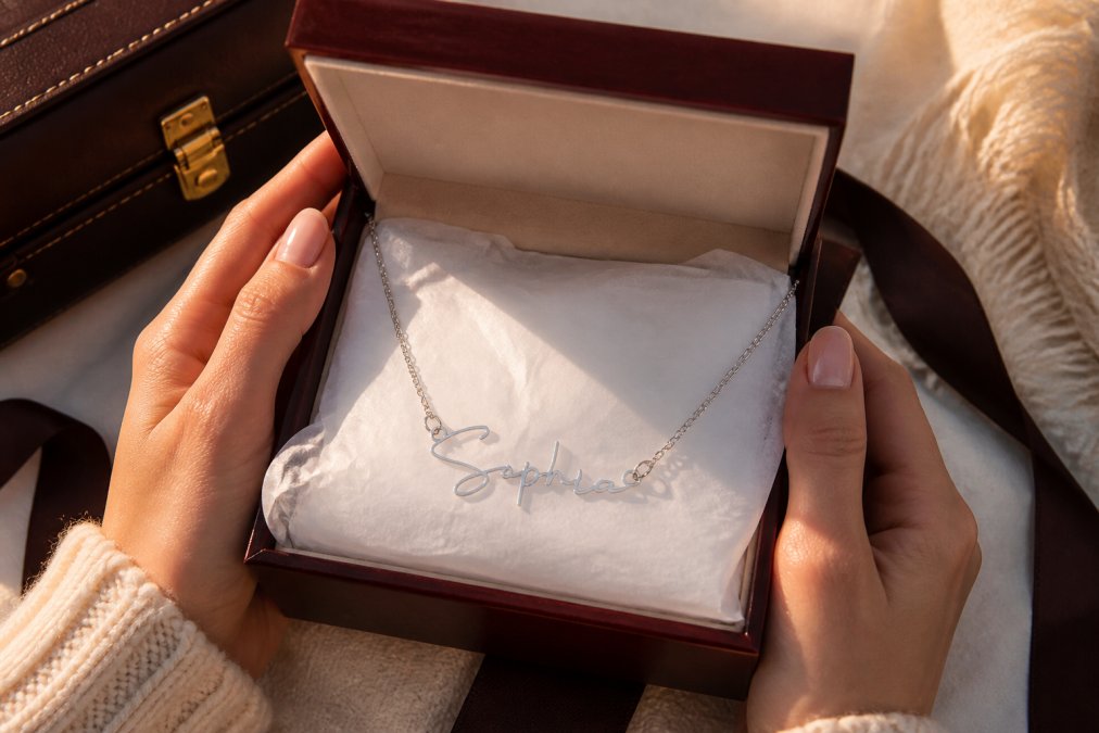 Close-up of hands holding an open luxury gift box containing a personalized name necklace with soft golden lighting, the engraved pendant catching light against elegant white tissue paper and mahogany packaging