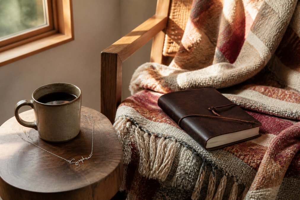 Flat lay of a woven heirloom blanket in warm tones draped over a wooden chair with a custom leather journal and warm coffee mug nearby, natural window lighting creating soft shadows on the cozy home setting